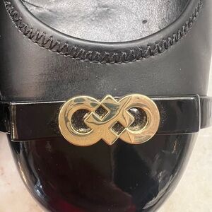 Cole Haan Elsie Black Leather Wedge with patent cap toe and gold logo Size 9